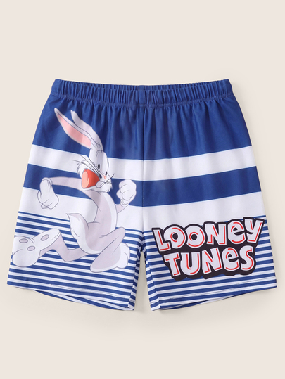 LOONEY TUNES X SHEIN Tween Boy Summer Casual Striped Letter & Rabbit Print Elastic Waist Swimwear