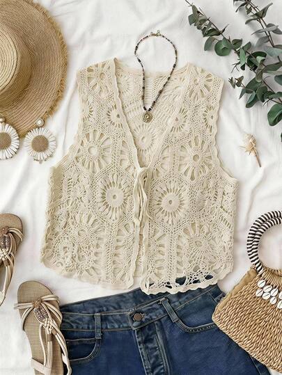 Vivid Eden Women's Solid Color Hollow Out Casual Versatile Daily Wear Cardigan, Crochet Vest, Hollow Floral Waistcoat, Openwork Knit Cardigan Vest, Fall