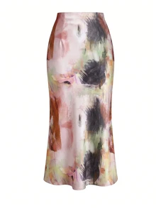 SHEIN Clasi Women's Solid Color Stand Collar Batwing Short Sleeve Pleated Blouse And Tie-Dye Mermaid Skirt Elegant 2-Piece Set - Pink - View 3