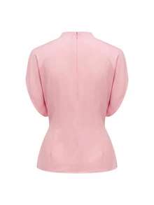 SHEIN Clasi Women's Solid Color Stand Collar Batwing Short Sleeve Pleated Blouse And Tie-Dye Mermaid Skirt Elegant 2-Piece Set - Pink - View 8