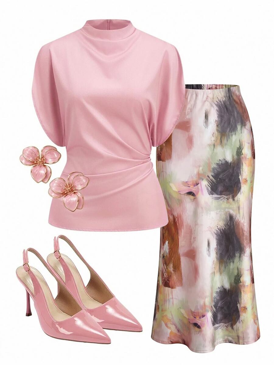 SHEIN Clasi Women's Solid Color Stand Collar Batwing Short Sleeve Pleated Blouse And Tie-Dye Mermaid Skirt Elegant 2-Piece Set
