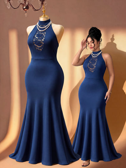 Rometta Gaun Formal Wanita Ukuran Besar Musim Panas Terbaru Warna Biru Royal Model Duyung dengan Leher Halter, Detail Renda Berongga, Potongan Ramping, Panjang, Tanpa Lengan, Cocok untuk Pesta Malam, Makan Malam, dan Pernikahan.