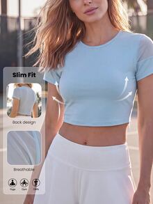 Easithlete Easithlete Women's Mesh Patchwork Short Sleeve Sports T-Shirt - Baby Blue - View 2