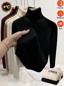青少年女孩休閒秋冬百搭辦公休閒高圓領長袖T恤，杏色與黑色百搭層搭套頭衫，抓絨 - 彩色 - 查看 1