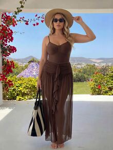 SHEIN Swim Setelan Baju Renang Satu Potong 2 Potong Ukuran Plus Musim Semi/Panas 2026 Warna Cokelat Tua, Leher Bulat Lebar, Tali Bahu yang Dapat Diatur, dan Rok Desain Jala Berumbai, Cocok untuk Pakaian Liburan Pantai Premium Wanita - Coklat - View 5