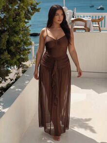 SHEIN Swim Setelan Baju Renang Satu Potong 2 Potong Ukuran Plus Musim Semi/Panas 2026 Warna Cokelat Tua, Leher Bulat Lebar, Tali Bahu yang Dapat Diatur, dan Rok Desain Jala Berumbai, Cocok untuk Pakaian Liburan Pantai Premium Wanita - Coklat - View 4