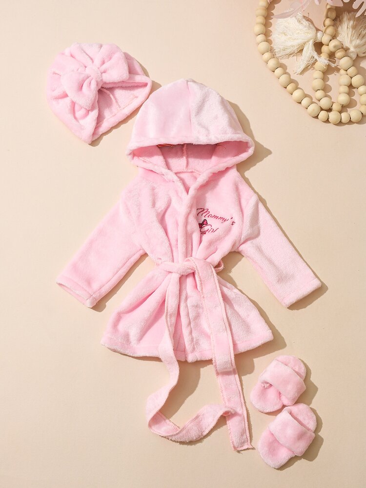 SHEIN Newborn Girl Photography Bathrobe Matching Turban Hat Mini Slippers Infant Photoshoot Outfits Love Embroidery Props Dark Pink Autumn Cute Kawaii - Pink - View 2