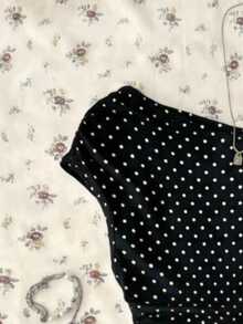 Attitoon Women's Asymmetric Ruched Cropped Top, Black & White Polka Dot Print,Summer Top - Black and White - View 3
