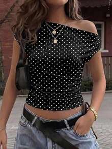 Attitoon Women's Asymmetric Ruched Cropped Top, Black & White Polka Dot Print,Summer Top - Black and White - View 1