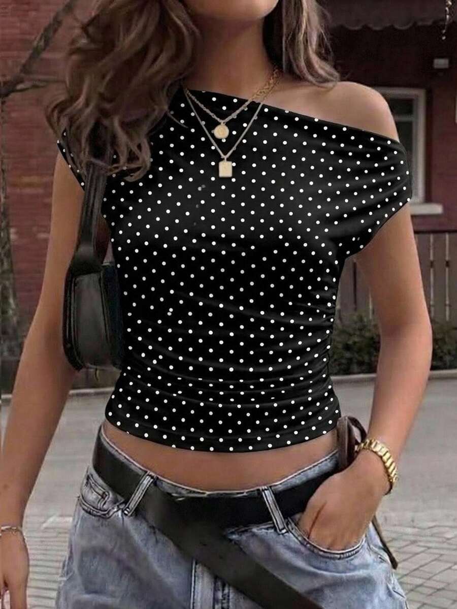 Attitoon Women's Asymmetric Ruched Cropped Top, Black & White Polka Dot Print,Summer Top - Black and White - View 1