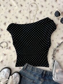 Attitoon Women's Asymmetric Ruched Cropped Top, Black & White Polka Dot Print,Summer Top - Black and White - View 2