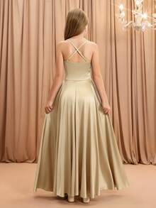 少女优雅时尚奢华吊带交叉肩无袖高腰收腰喇叭裙摆不对称长款下摆设计纯色缎面亮面面料高端圣诞节、毕业典礼、派对礼服 - 香檳色 - 查看 2