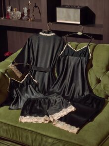 SilkySpell 5pcs Set Contrast Color Trim Decor Faux Silk Camisole Top & Shorts & Pants & Belted Robe & Sleep Dress, Fall Winter Clothes - Black - View 2