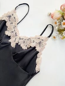 SilkySpell 5pcs Set Contrast Color Trim Decor Faux Silk Camisole Top & Shorts & Pants & Belted Robe & Sleep Dress, Fall Winter Clothes - Black - View 6