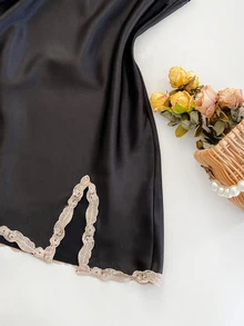 SilkySpell 5pcs Set Contrast Color Trim Decor Faux Silk Camisole Top & Shorts & Pants & Belted Robe & Sleep Dress, Fall Winter Clothes - Black - View 5
