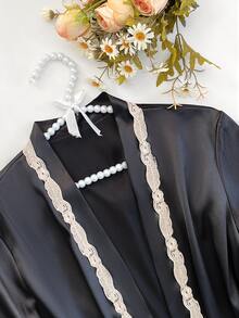 SilkySpell 5pcs Set Contrast Color Trim Decor Faux Silk Camisole Top & Shorts & Pants & Belted Robe & Sleep Dress, Fall Winter Clothes - Black - View 7