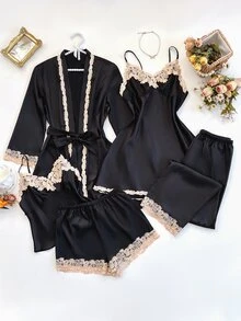 SilkySpell 5pcs Set Contrast Color Trim Decor Faux Silk Camisole Top & Shorts & Pants & Belted Robe & Sleep Dress, Fall Winter Clothes - Black - View 3