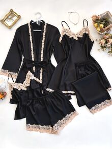SilkySpell 5pcs Set Contrast Color Trim Decor Faux Silk Camisole Top & Shorts & Pants & Belted Robe & Sleep Dress, Fall Winter Clothes - Black - View 8