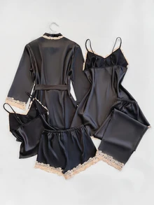 SilkySpell 5pcs Set Contrast Color Trim Decor Faux Silk Camisole Top & Shorts & Pants & Belted Robe & Sleep Dress, Fall Winter Clothes - Black - View 4
