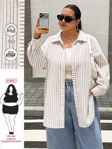 SHEIN CURVE+ 大尺碼休閒柔軟修身得體端莊優雅曲線感通勤米色襯衫 正式沙灘度假時裝週辦公室婚禮秋季 - 墨綠色 - 查看 1