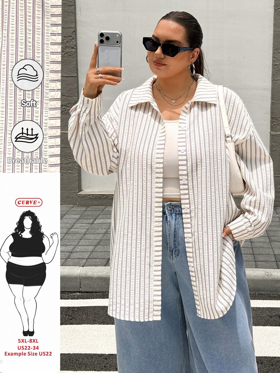SHEIN CURVE+ 大尺碼休閒柔軟修身得體端莊優雅曲線感通勤米色襯衫 正式沙灘度假時裝週辦公室婚禮秋季 - 墨綠色 - 查看 1