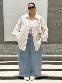SHEIN CURVE+ 大尺碼休閒柔軟修身得體端莊優雅曲線感通勤米色襯衫 正式沙灘度假時裝週辦公室婚禮秋季 - 墨綠色 - 查看 6