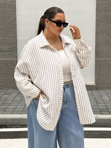 SHEIN CURVE+ 大尺碼休閒柔軟修身得體端莊優雅曲線感通勤米色襯衫 正式沙灘度假時裝週辦公室婚禮秋季 - 墨綠色 - 查看 5