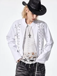 ROMWE MEN Street Life Men's Lace-Up Zipper Placket Casual Denim Jacket - White - View 6