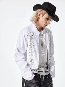 ROMWE MEN Street Life Men's Lace-Up Zipper Placket Casual Denim Jacket - White - View 7