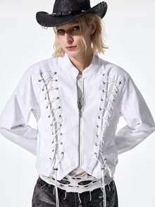 ROMWE MEN Street Life Men's Lace-Up Zipper Placket Casual Denim Jacket - White - View 1