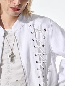 ROMWE MEN Street Life Men's Lace-Up Zipper Placket Casual Denim Jacket - White - View 2