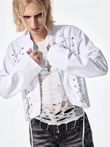 ROMWE MEN Street Life Men's Lace-Up Zipper Placket Casual Denim Jacket - White - View 4