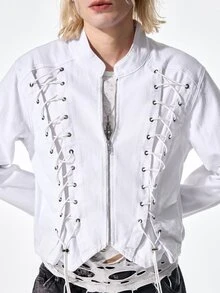 ROMWE MEN Street Life Men's Lace-Up Zipper Placket Casual Denim Jacket - White - View 8