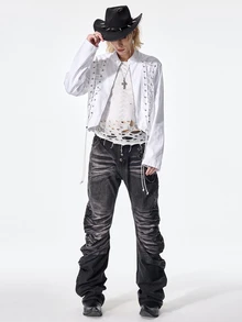 ROMWE MEN Street Life Men's Lace-Up Zipper Placket Casual Denim Jacket - White - View 5