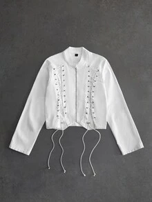 ROMWE MEN Street Life Men's Lace-Up Zipper Placket Casual Denim Jacket - White - View 9