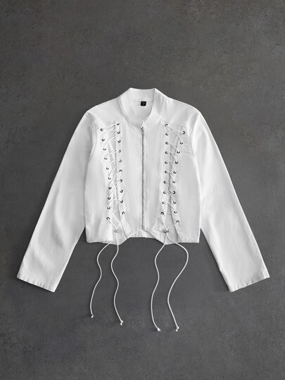 Street Life Men's Lace-Up Zipper Placket Casual Denim Jacket