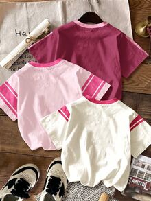 3pcs/Set Retro Sport College Style Girls Numeric Graphic T-Shirts,Blush Pink,Summer,Formal,Sport,Back-To-School Colorblock Short Sleeve Tees - Multicolor - View 2
