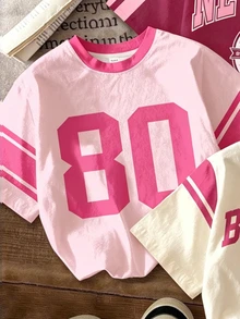 3pcs/Set Retro Sport College Style Girls Numeric Graphic T-Shirts,Blush Pink,Summer,Formal,Sport,Back-To-School Colorblock Short Sleeve Tees - Multicolor - View 4