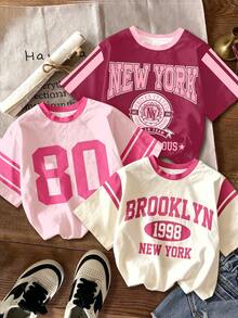 3pcs/Set Retro Sport College Style Girls Numeric Graphic T-Shirts,Blush Pink,Summer,Formal,Sport,Back-To-School Colorblock Short Sleeve Tees - Multicolor - View 1