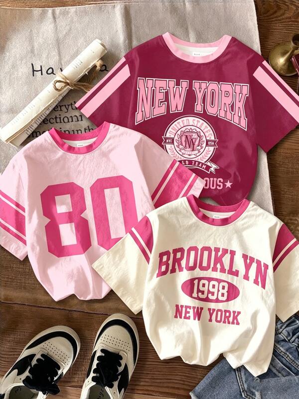 3pcs/Set Retro Sport College Style Girls Numeric Graphic T-Shirts,Blush Pink,Summer,Formal,Sport,Back-To-School Colorblock Short Sleeve Tees