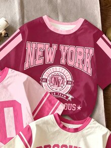 3pcs/Set Retro Sport College Style Girls Numeric Graphic T-Shirts,Blush Pink,Summer,Formal,Sport,Back-To-School Colorblock Short Sleeve Tees - Multicolor - View 5