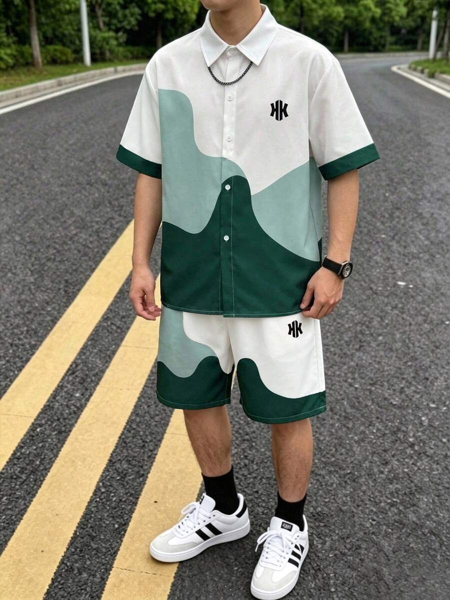 兒童青少年男孩休閒寬領短袖襯衫與休閒運動短褲2件套 - 彩色 - 查看 1