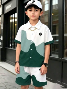 兒童青少年男孩休閒寬領短袖襯衫與休閒運動短褲2件套 - 彩色 - 查看 5