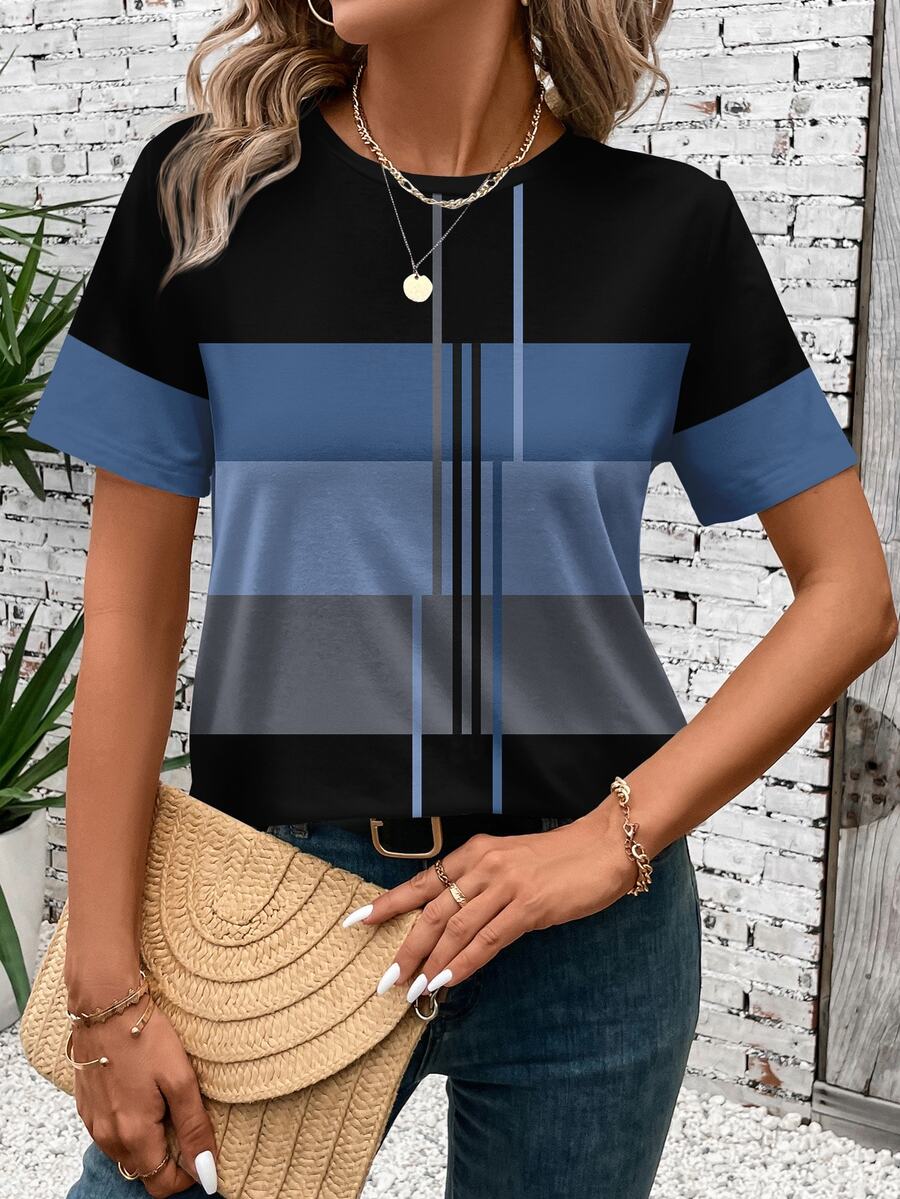 EMERY ROSE Casual Patchwork Pattern Round Neck Short Sleeve Loose Women T-Shirt, Autumn/Summer Suitable For Going Out,Casual,Summer Top