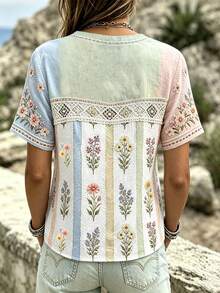 Selamara 法式溫柔馬卡龍色系直條紋花卉印花短袖上衣，圓領休閒女款 - 淺粉色 - 查看 2