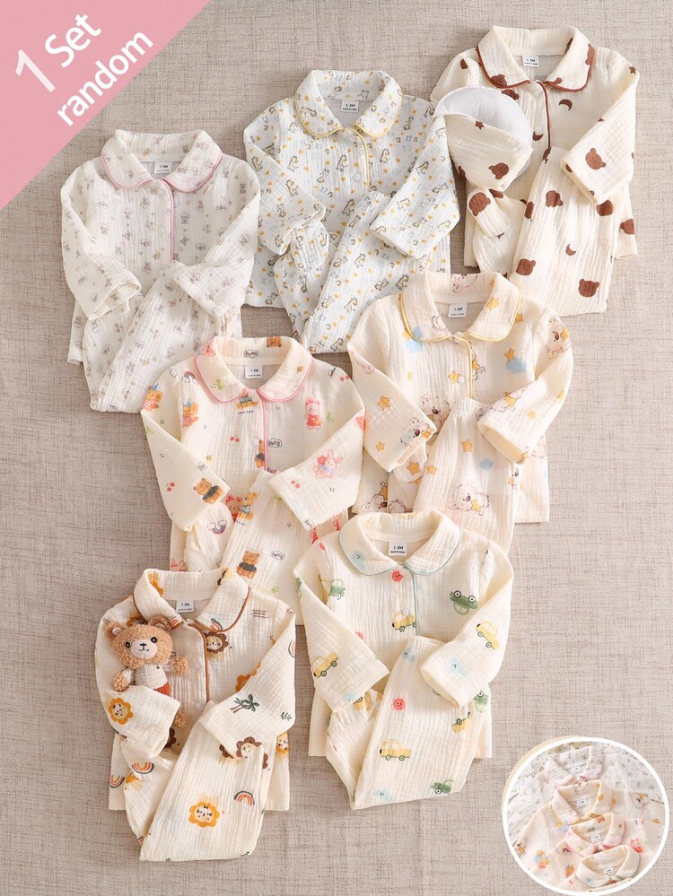 SHEIN (Random 1) Newborn Crinkle Fabric Bow Bear Polka Dot Pony Ditsy Floral Lion Print Comfortable Soft Long Sleeve Top And Footed Pants 2-Piece Home Wear Set - Multicolor - View 1