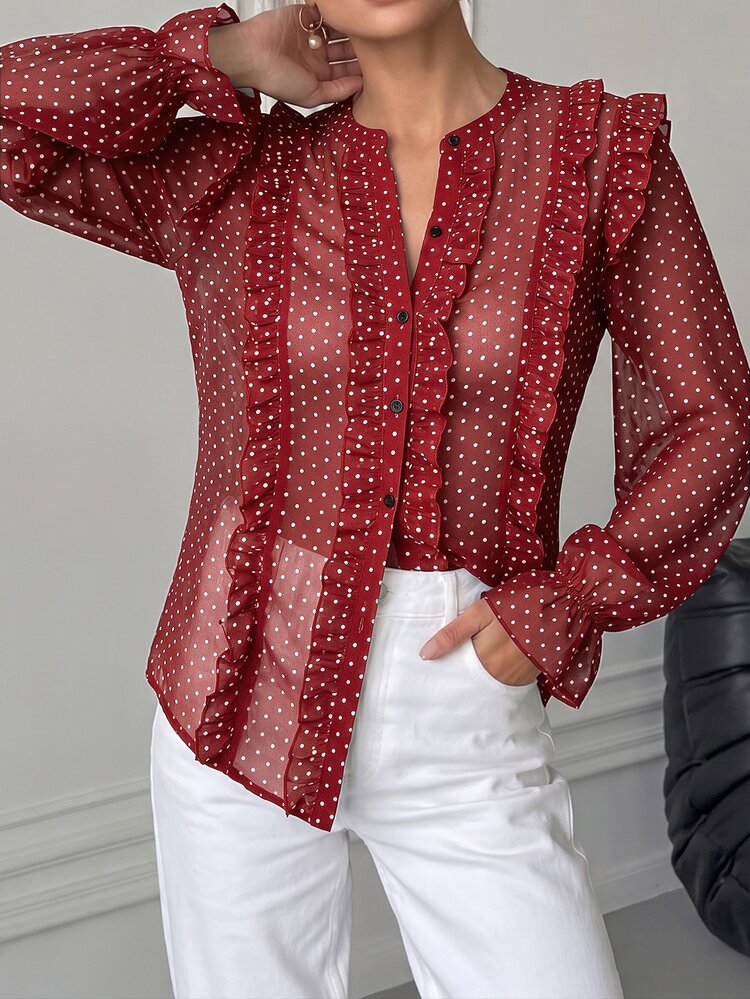 Elegantrix Plus Polka Dot Print Ruffle Trim Flounce Sleeve Chiffon Blouse - Multicolor - View 2