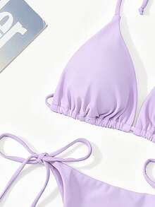 Swim Basics 純色性感繫帶比基尼兩件式女款泳衣套裝沙灘裝 - 紫丁香色 - 查看 3