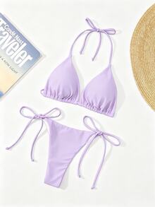 Swim Basics 純色性感繫帶比基尼兩件式女款泳衣套裝沙灘裝 - 紫丁香色 - 查看 4