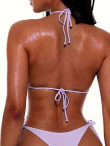 Swim Basics 純色性感繫帶比基尼兩件式女款泳衣套裝沙灘裝 - 紫丁香色 - 查看 2